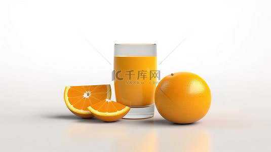 白色背景上整个橙子的新鲜橙汁的 3D 渲染