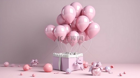 3D 渲染插图，带有气球礼品盒和心形母亲节庆祝装饰