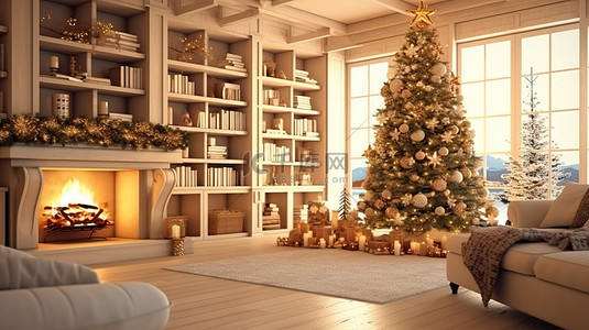 带壁炉的客厅中节日圣诞树的 3D 渲染