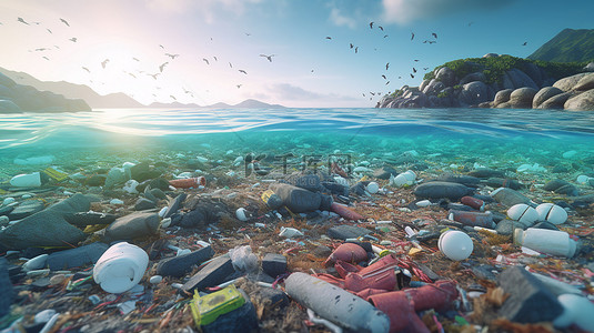 被塑料垃圾污染的海洋的高质量 3D 渲染