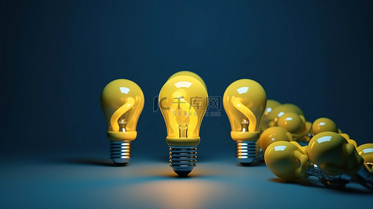 创意概念背景图片_想法加载蓝色背景上黄色灯泡的 3d 渲染 简约风格的商业创意概念