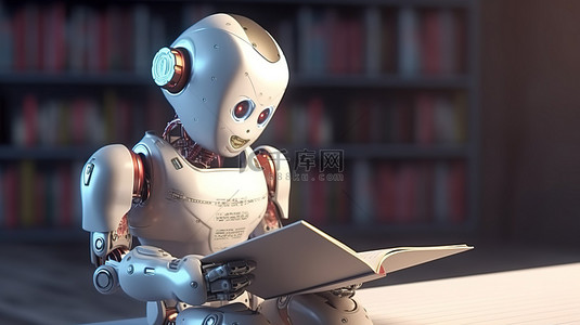 儿童机器人背景图片_在机器学习背景下阅读书籍的友好机器人的 3D 渲染