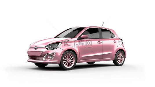 白色隔离背景下具有优质城市设计的粉色掀背式紧凑型汽车的 3D 插图