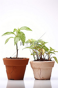 白色地面上的陶土盆中生长的两种植物