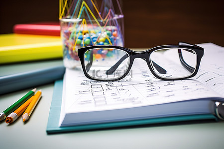 一副眼镜，旁边是一本科学公式书，上面画着数学公式