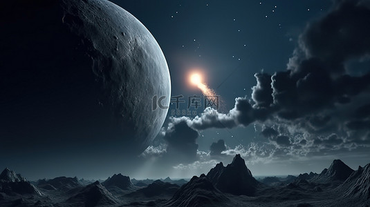 流星和云遮蔽满月的天体碰撞 3D 渲染