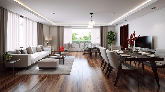 家居清背景图片_宽敞的起居和用餐区的 3D 渲染，配有舒适的沙发