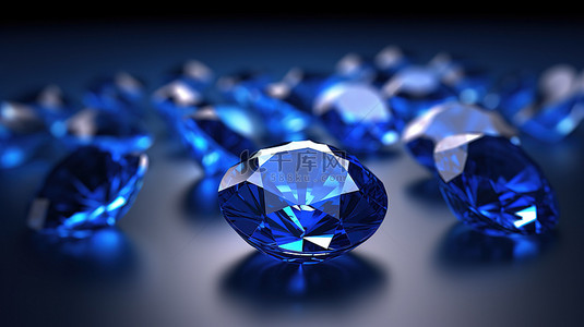 光泽背景与蓝色钻石蓝宝石 3D 渲染与主要对象焦点