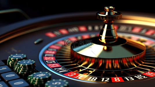 虚拟轮盘赌桌关闭与赌场标志和电脑键盘详细的 3D 插图