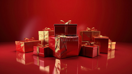 红色玻璃背景与 3D 渲染的圣诞礼品盒