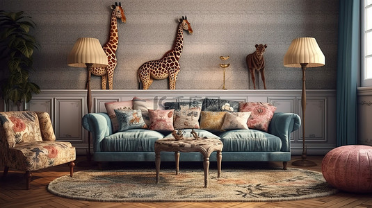 室内渲染图背景图片_舒适客厅的 3D 渲染图，配有舒适的沙发和装饰着动物主题的枕头