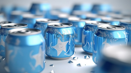 以品牌模型为特色的蓝色汽水罐的 3D 渲染