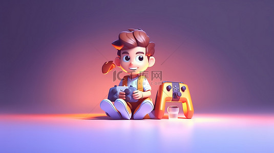 可爱的卡通男生背景图片_年轻玩家喜欢玩带有 3D 插图和复制空间的视频游戏机