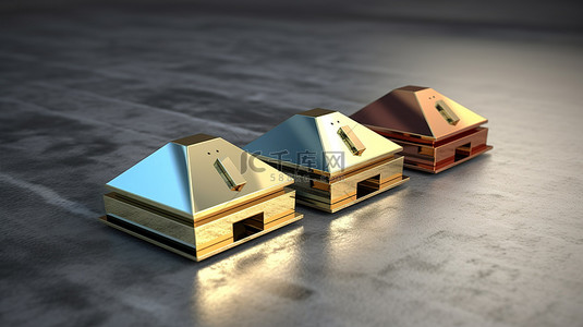 金银箔粉背景图片_以金银和铜牌 3D 插图渲染的房地产房屋徽标