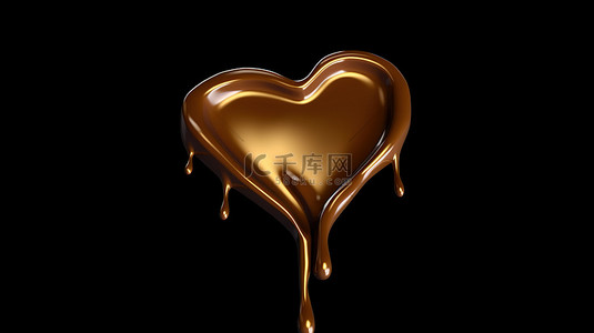 黑色背景浪漫背景图片_3D 呈现创意创意最小金色巧克力融化滴在黑色背景上心形白色表面