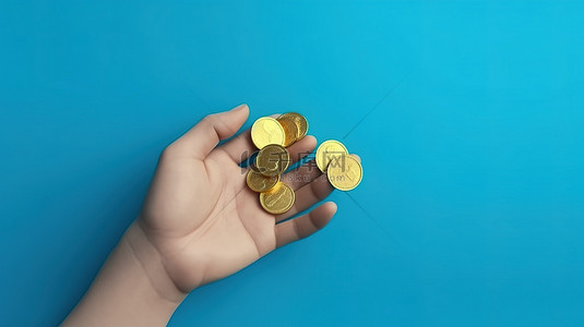 可爱的商务手拿着硬币在生动的蓝色 3D 渲染背景上