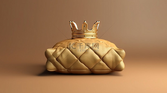 3D 渲染中闪闪发光的金色王冠放在毛绒枕头上