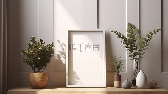墙相框背景图片_在逼真的 3D 室内设计中展示空相框和绿化花瓶