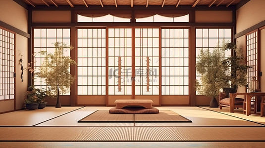 空荡荡的禅宗风格日式旅馆房间，配有传统日本设计的榻榻米地板 3D 渲染
