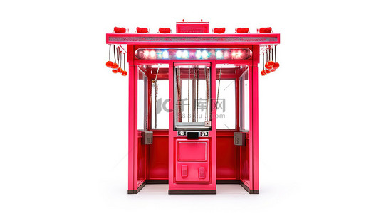 街机背景图片_废弃嘉年华中一台红色玩具爪起重机街机的特写，在白色背景上以 3D 渲染