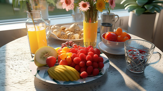 营养早餐背景图片_新鲜水果早餐铺在桌子上 3d 插图以 3d 渲染