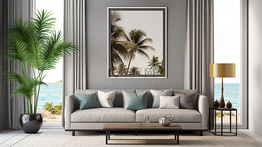 豪华客厅内部的 3D 渲染，配有灰色沙发和窗口中的热带背景，通过海报框架展示