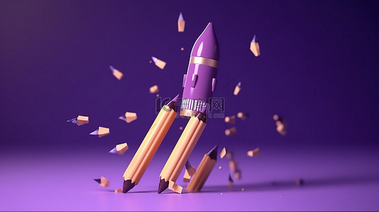 简约横幅背景图片_在紫色简约背景下发射铅笔火箭，用于在线教育概念 3D 渲染