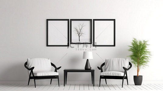 现代简约的房间内部配有样机海报框架白色椅子和黑色咖啡桌 3D 渲染