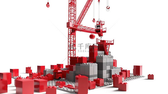 塔式起重机在白色背景下构建红色计划立方体以实现业务策略的 3D 渲染
