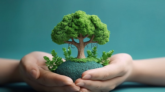 手握橡皮泥地球仪的 3D 渲染，树上有代表地球日和鼓励绿色思维的树