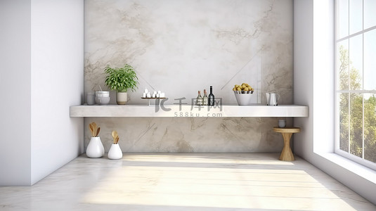 厨房厨房电器背景图片_时尚的大理石岛，厨房背景 3D 渲染上有产品展示空间