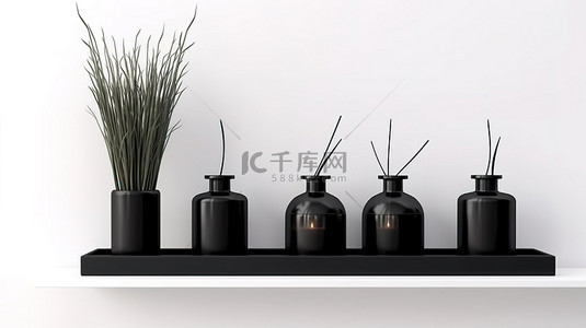 白色墙壁上的木架上陈列着芳香的黑色蜡烛和芦苇扩散器，通过芳香疗法增强您家的氛围