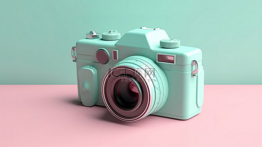 粉色和绿松石背景上最小 3D 渲染的柔和相机