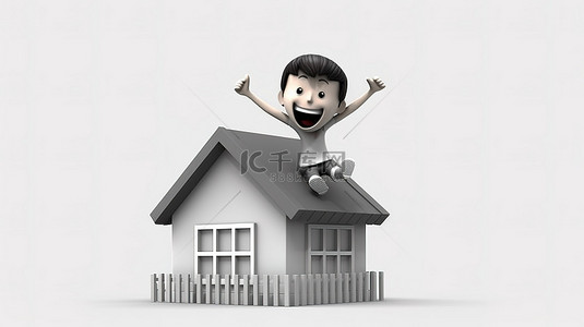 有趣的 3d 亚洲青年跳跃着灰色房子的象征