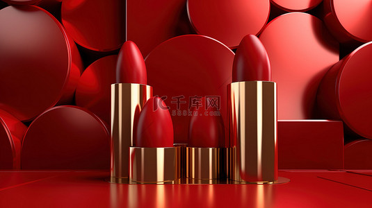 化妆品红色背景背景图片_高档口红广告横幅，以红色抽象设计背景为特色，具有 3D 渲染效果