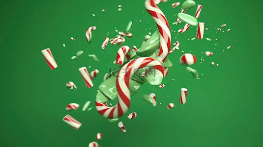 绿色背景上带有旋转焦糖糖果的薄荷糖棒的缓慢下降 3D 渲染