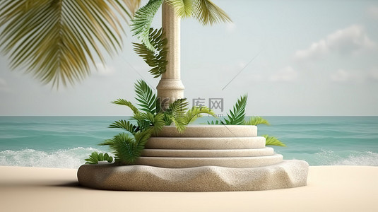 热带自然背景图片_沙滩上废弃的石基座，周围环绕着郁郁葱葱的棕榈叶，令人惊叹的 3D 渲染自然之美
