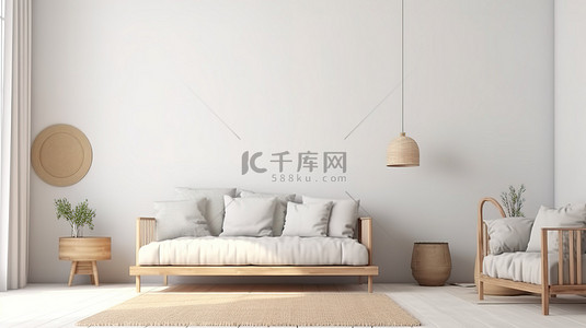 沙发和枕头 3D 渲染的客厅室内设计在空白屏幕上