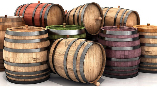 白色背景上木酒桶的独立 3D 插图非常适合白兰地朗姆酒和白兰地等酒精饮料