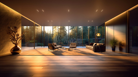 夜间客厅背景图片_3D 夜间照明照亮的无人房间的现代室内设计