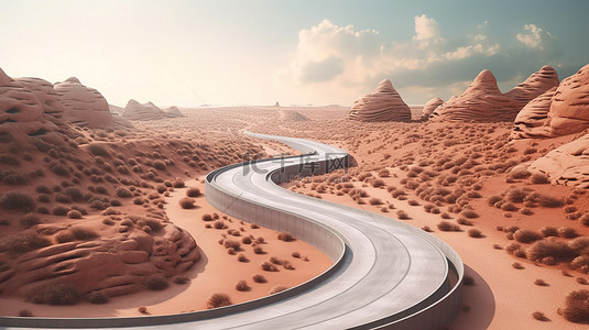 用于旅行和度假广告的 3D 插图中弯曲的沙漠高速公路