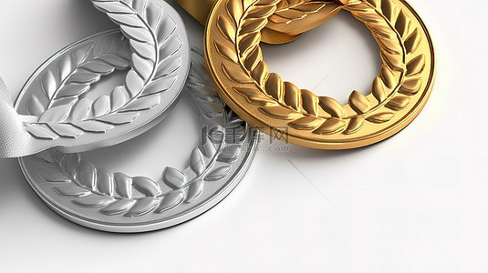 白色背景下装饰金银奖牌的月桂花环的 3D 渲染