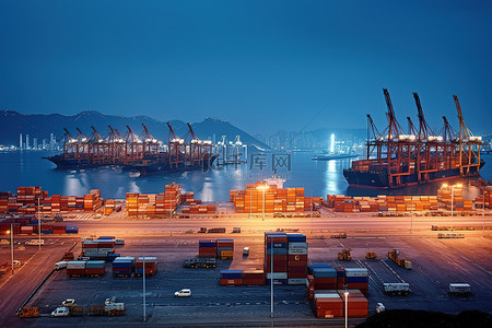 集裝箱船背景图片_香港口岸湾区的夜景