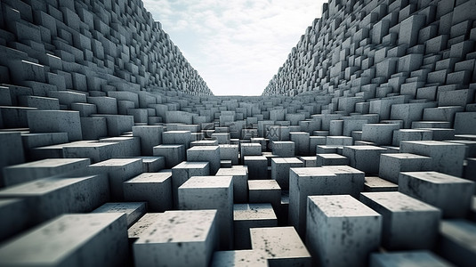 具有混凝土立方体元素的几何建筑的 3D 渲染