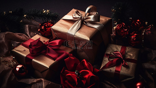 节日彩带礼盒背景图片_圣诞节盒子蝴蝶结