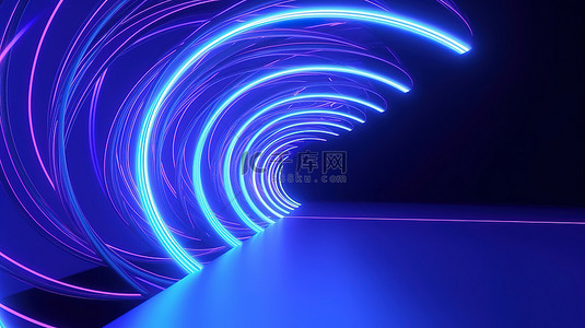 虚拟世界 3D 渲染的门户，带有霓虹灯发光线隧道和具有蓝色光谱方形曲线的无级抽象背景