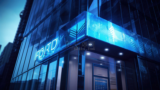 现代玻璃摩天大楼与警察标志 3D 渲染