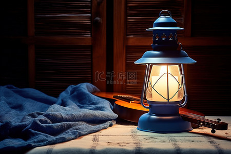 蓝色休息背景图片_蓝色布和乐器旁边的一盏灯和一个灯笼