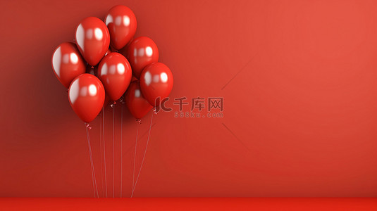 红气球背景背景图片_充满活力的气球集合反对大胆的红墙水平横幅 3d 渲染