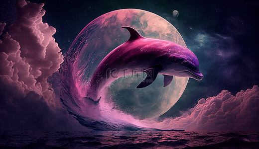 梦幻星空装饰背景图片_月亮海豚梦幻背景